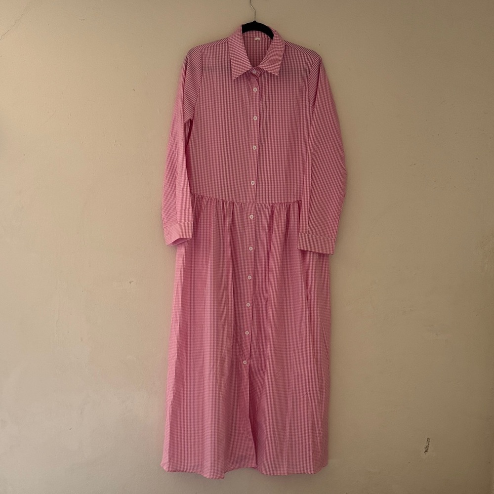 Long Sleeve Pink Button-Down Maxi Shirt Dress